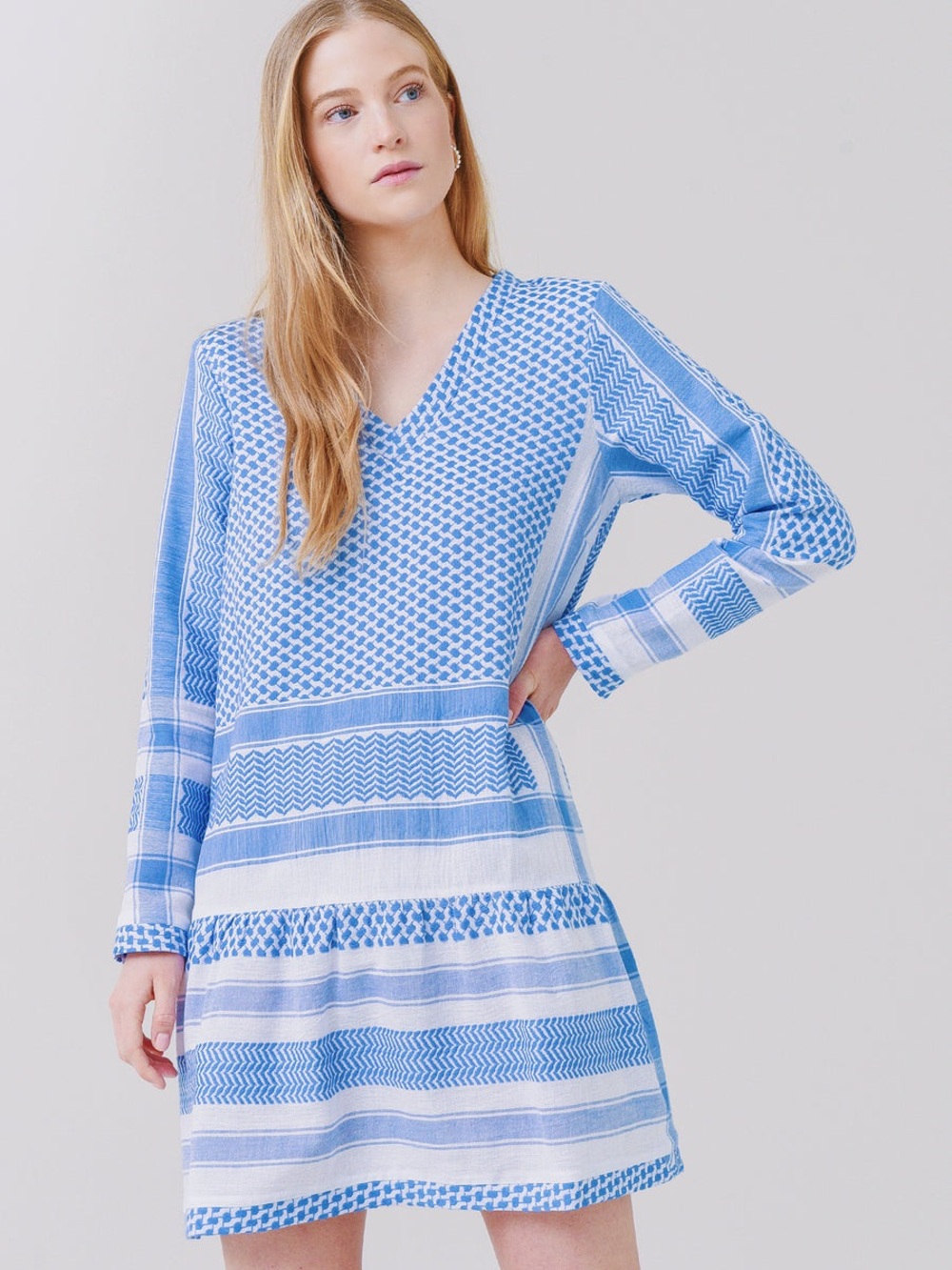 Summery Copenhagen Dress Tiered Blue Cotton Long Sleeve Size XS Coastal